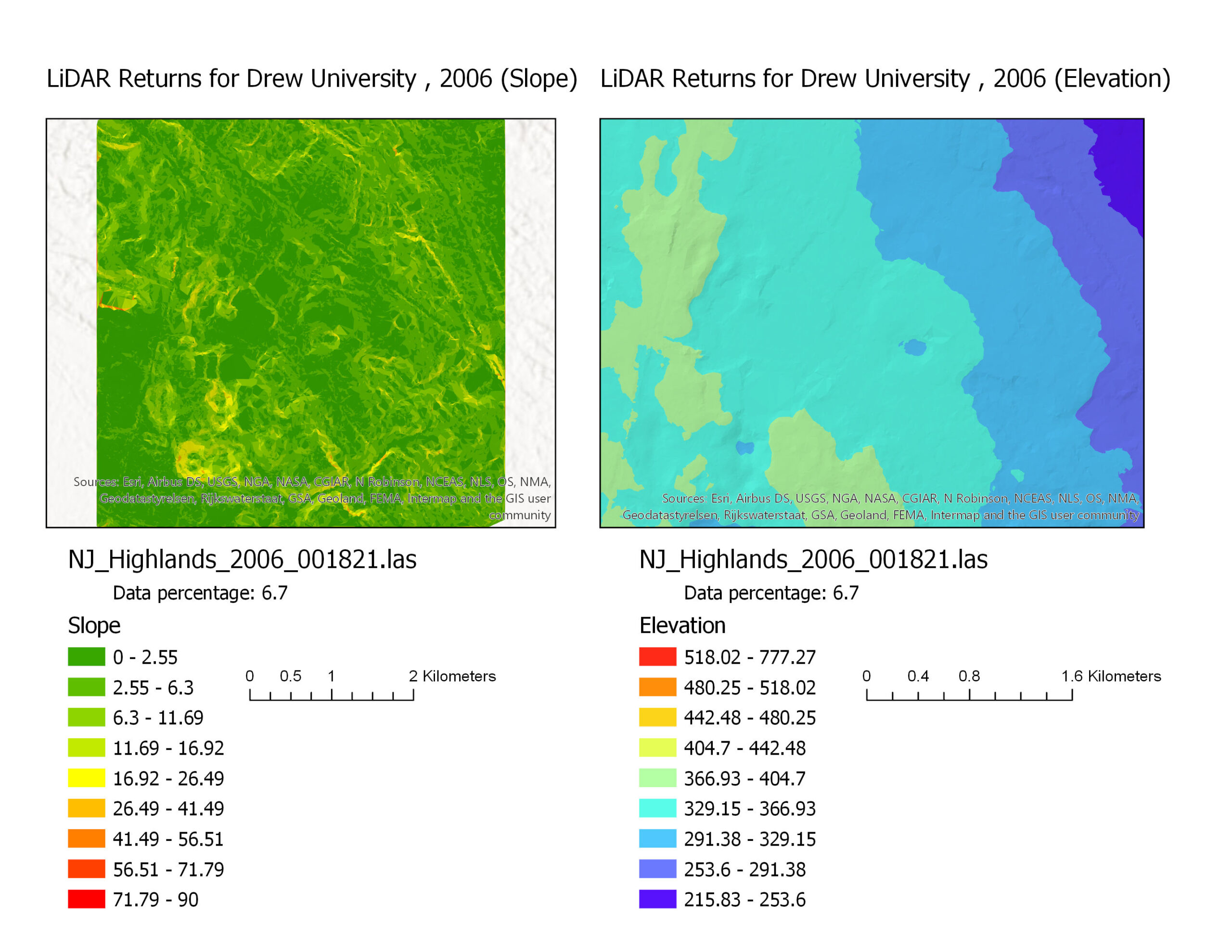 LiDAR returns for Drew University (Elevation and slope)