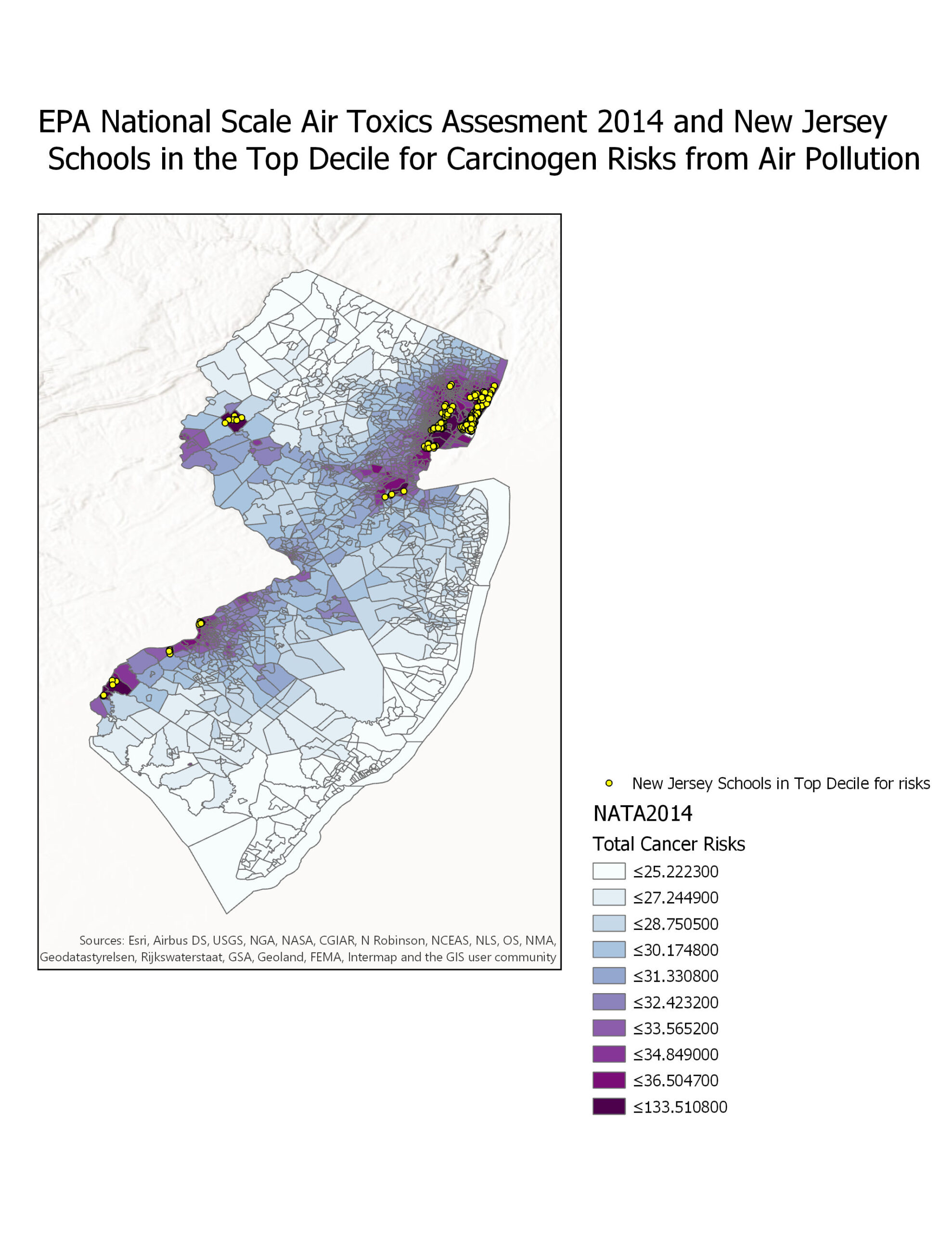 Selective Mapping and Display- New Jersey Schools in Top Decile for Carcinogenic Risks